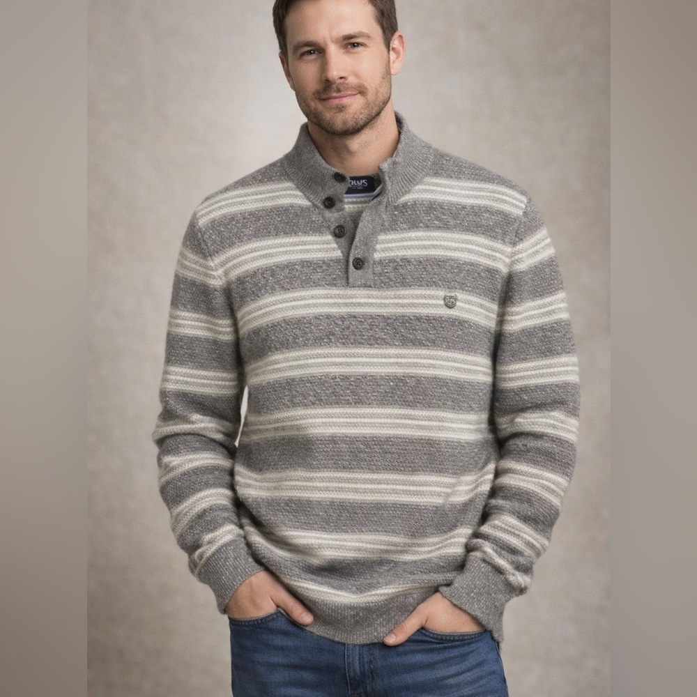 Chaps Gray and White Striped Crewneck Sweater 100% cotton XL